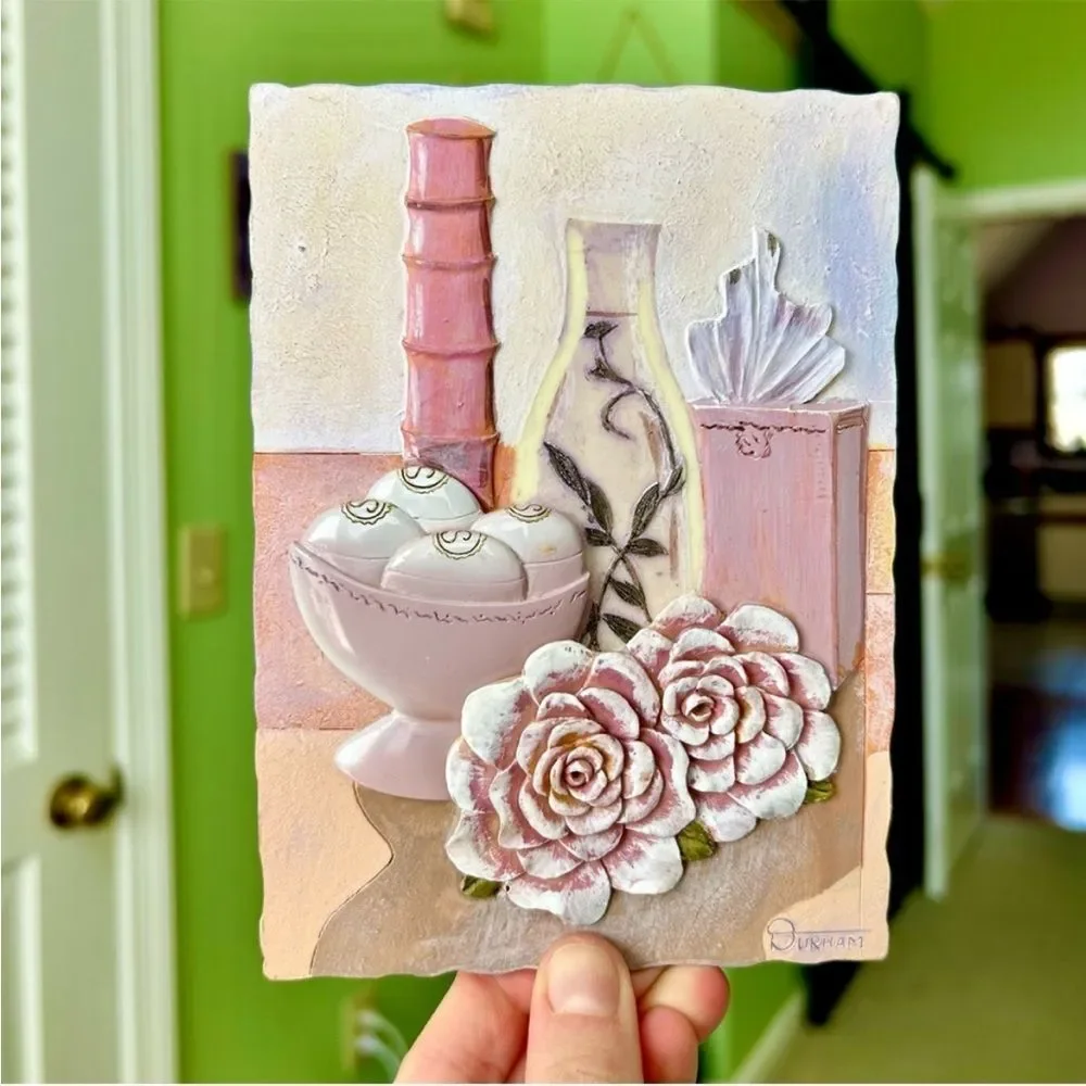 VTG Colorful Floral Vase 3D Tile Textured Art Plaque Wall Home Decor Plaque